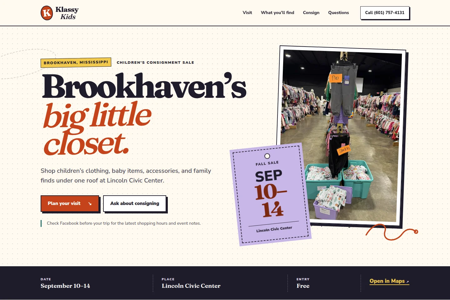 Klassy Kids website with event dates, consignment sale photographs, and visit details